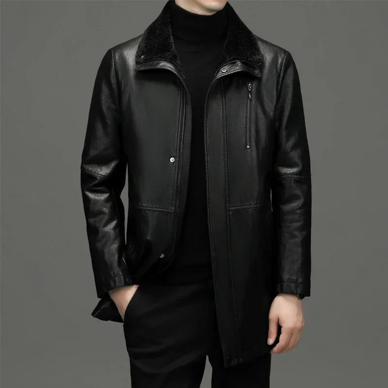 Autumn ZDT-8015 And Winter Models Of Men's Fur In One Long High-End Leather Jacket Casual Thickening Warm Lambswool Coat