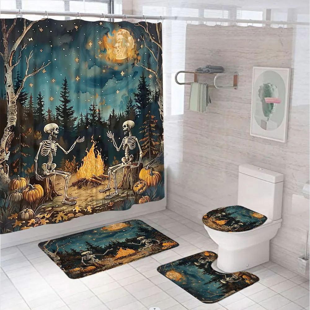 Funny Ghost Shower Curtain Set Halloween Skull Bat Flower Pumpkin Bath Screen Bathroom Mat Non Slip Rug Carpet Toilet Cover Home