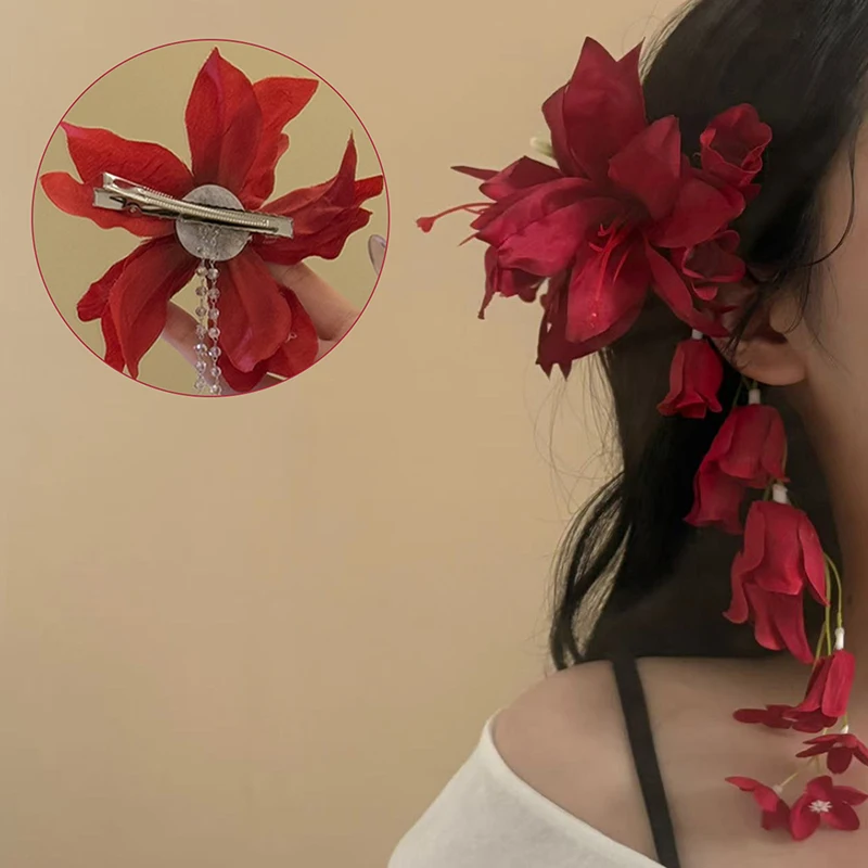 

Red Lily Of The Valley Lily Tassels Hairpins Flower Petal Duckbill Hairgrip Simulation Flower Girls Women Headdress Accessory