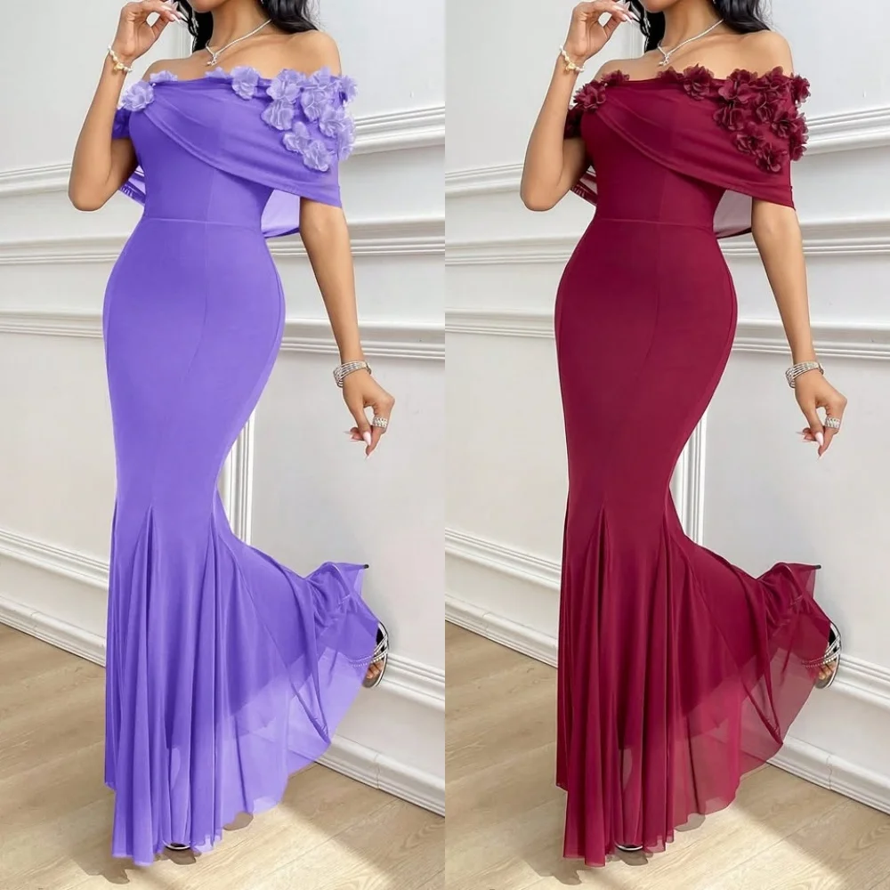 

Customized Matching Classic Chiffon Handmade Flower Pleat Mermaid Off-the-shoulder Long Dresses Bespoke Occasion Dresses Fashion