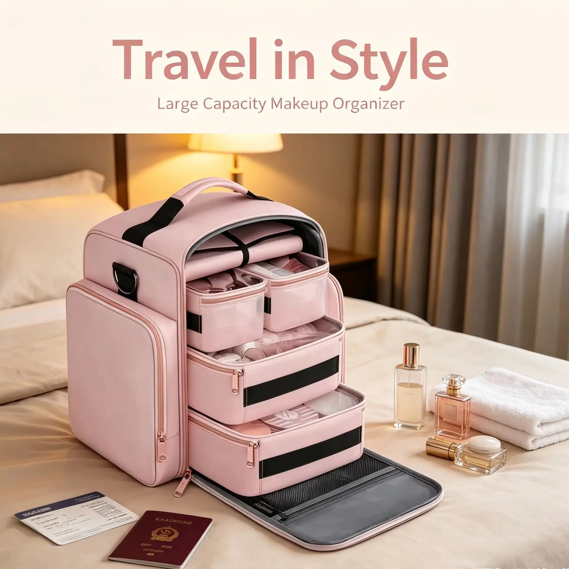 4 Removable Divided Boxes Makeup Bag Splash-Proof Shockproof Large Capacity Cosmetic Organizer with Mesh Pockets Portable Artist