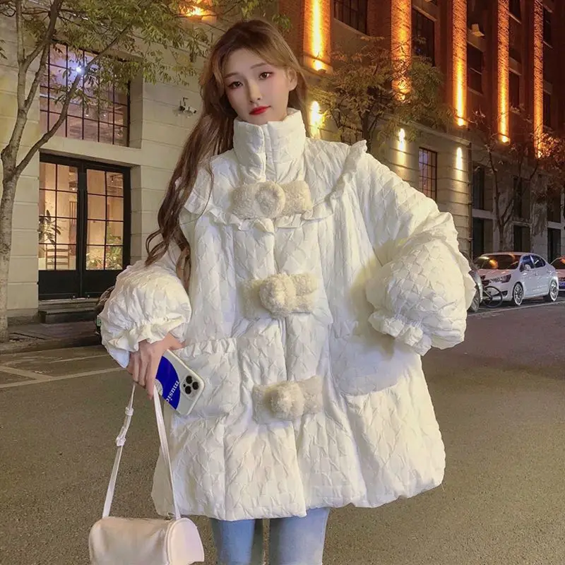 Ruffles Patchwork Sweet Women Parkas Stand Collar Fashion Button Up Loose Padded Coats Autumn Wainter Warm Thick Warm Jackets