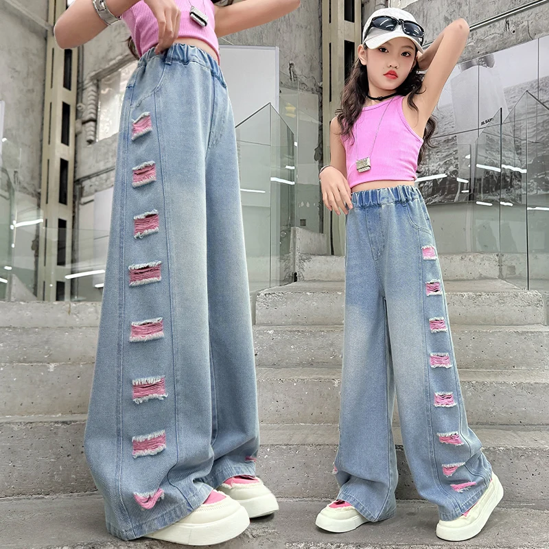 New Street Style Kids Child Wide Leg Distressed Ripped Jeans with Side Holes for Girls Destroyed Denim Pants Trousers Age 5-14Y