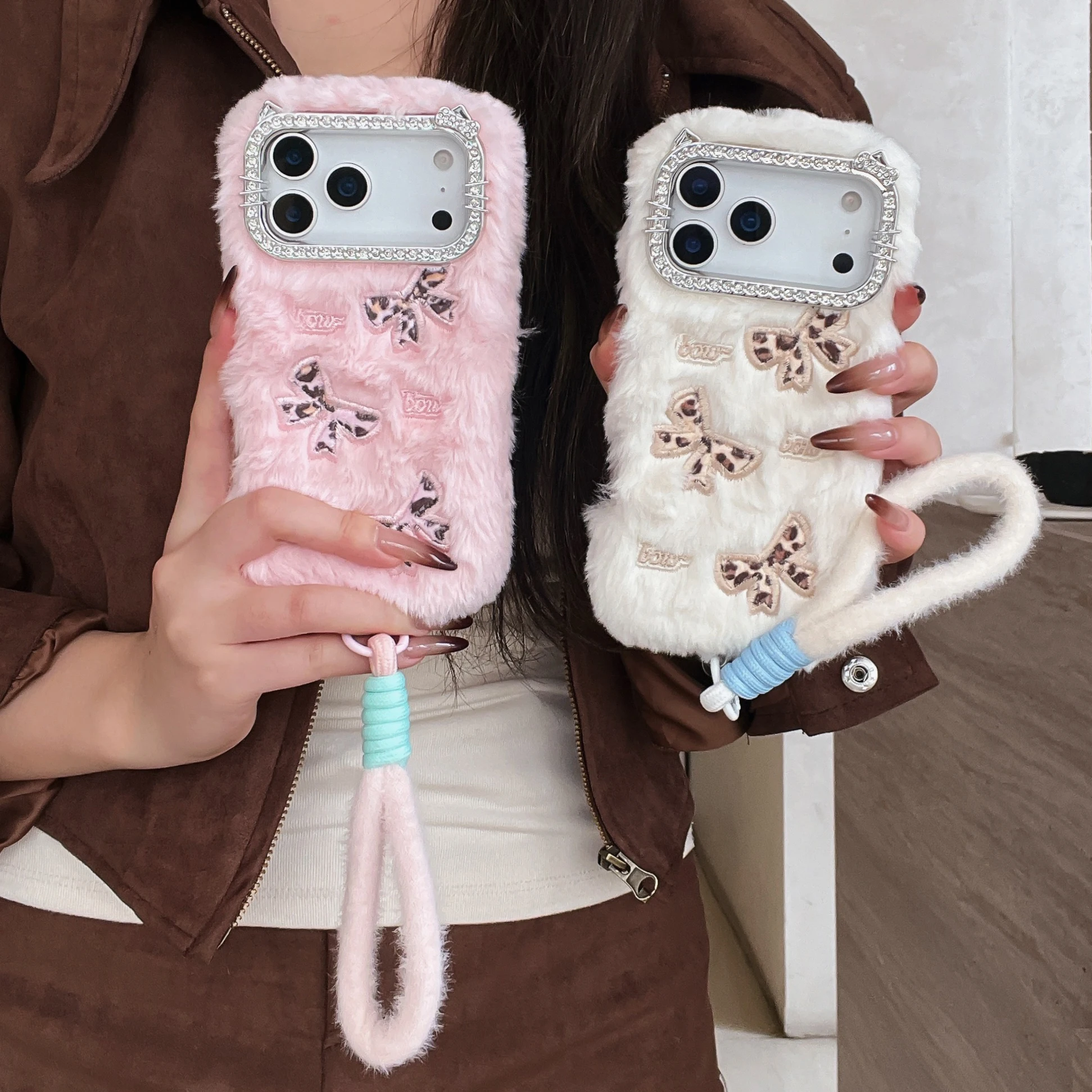 

Cute Cartoon Plush Bunny Case for iPhone 17 Pro Max Air 16 15 14 Diamond KT Ring Butterfly Autumn Winter Protective Cover Strap