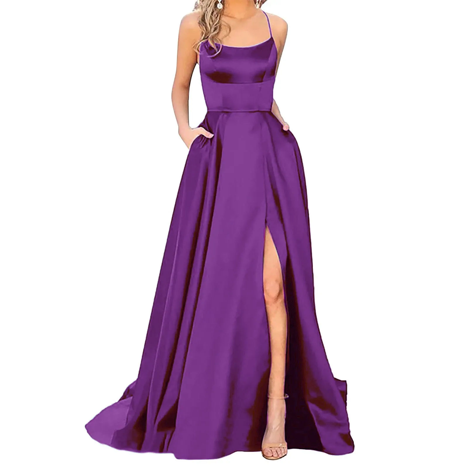 Temperament Satin Prom Dresses Ladies Sexy Sleeveless Spaghetti Straps Slim Cocktail Dresses High Waisted Hem Split Gowns Dress