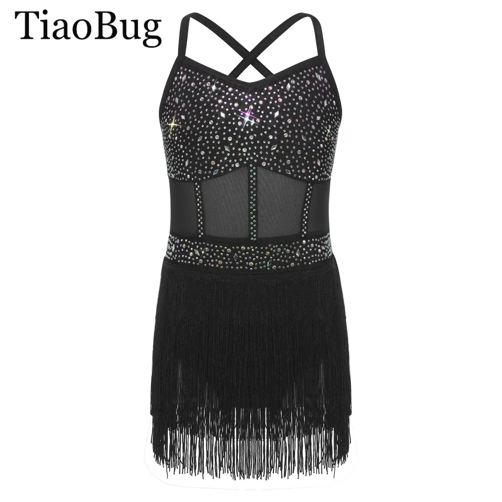 

Girls Rhinestone Tango Cha-cha Samba Salsa Costume Latin Dance Leotard Dress Sheer Mesh Tiered Tassel Fringed Bodysuit Jumpsuit