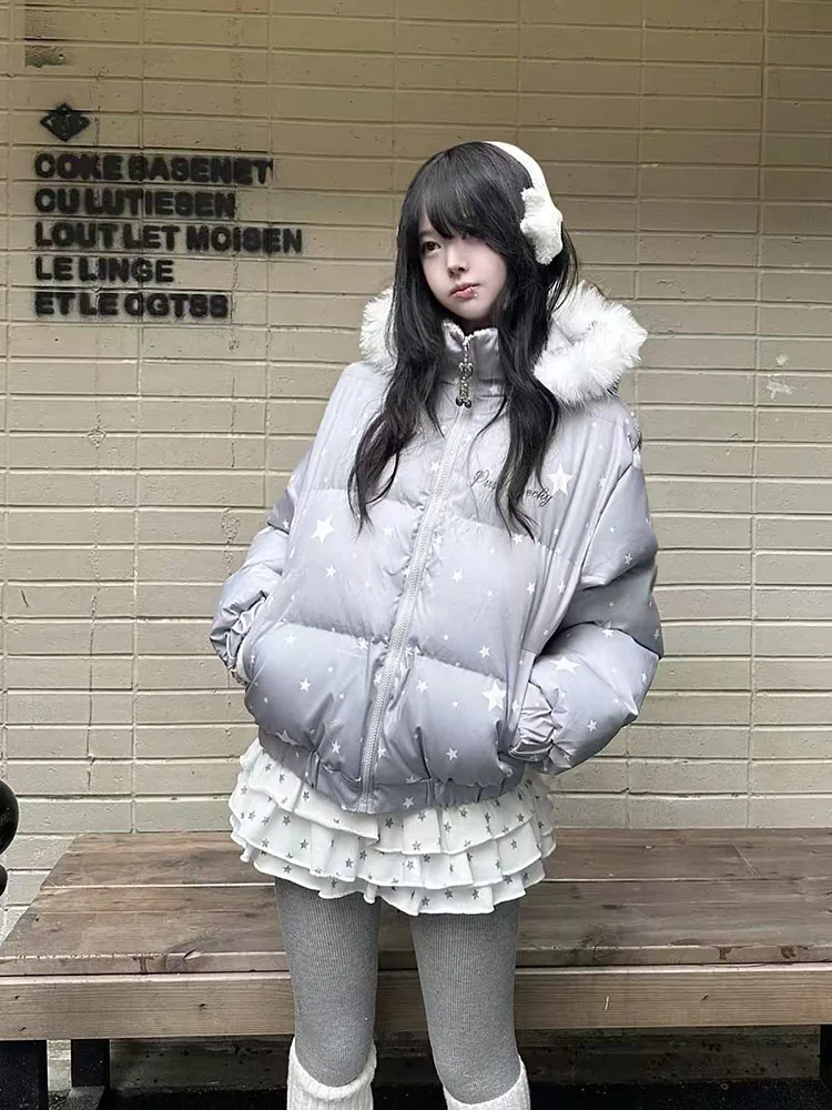 Star Print Hooded Parkas for Women Japanese Warm Design with Fur Collar Puffer Coats Harajuku Sweet Preppy Zipper Down Outerwear