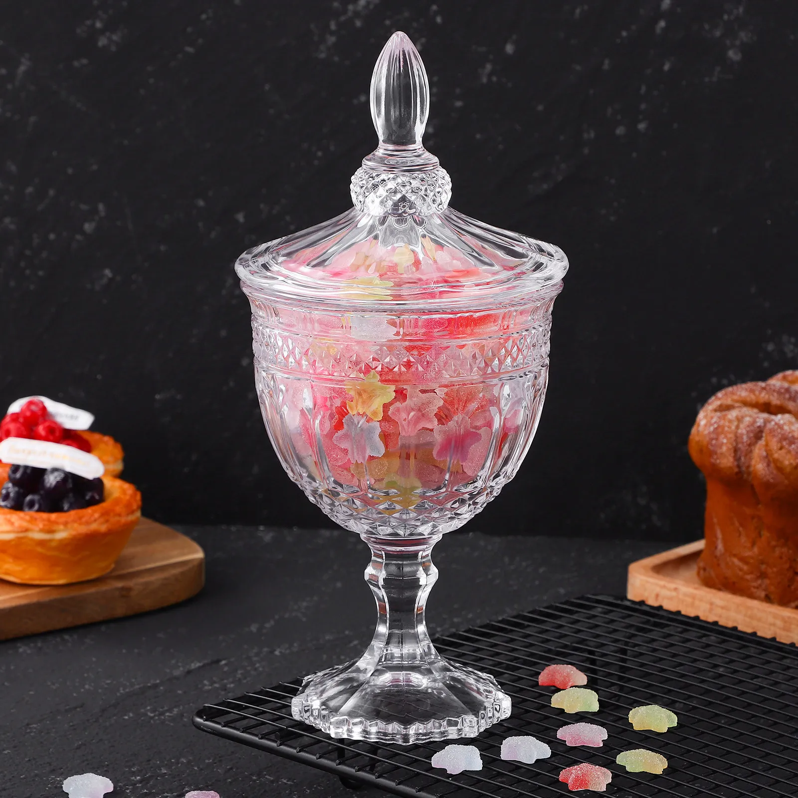 Food Storage Glass Container Set - 1 stuks glazen snoeppot met kristalontwerp,