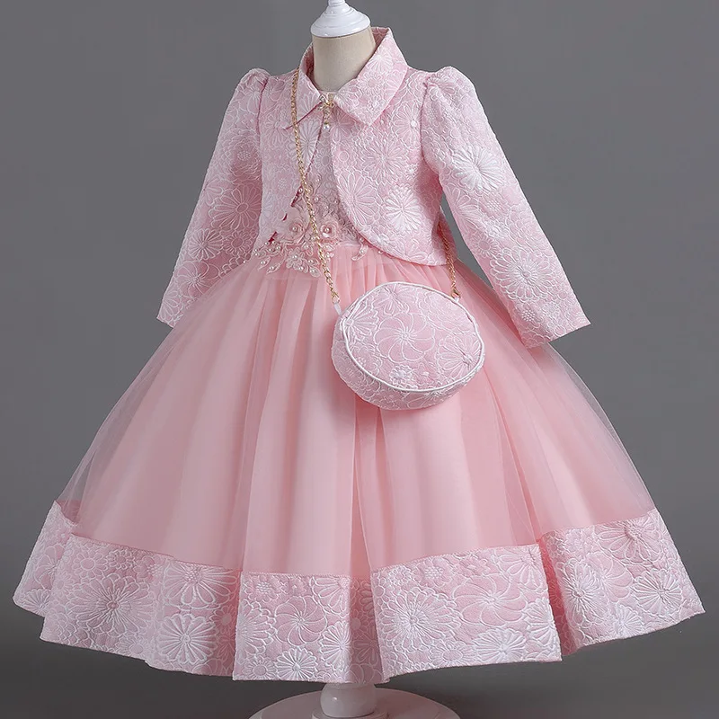 

New fluffy princess dress, pink long sleeved with bag, flower girl dress, birthday party prom dresses