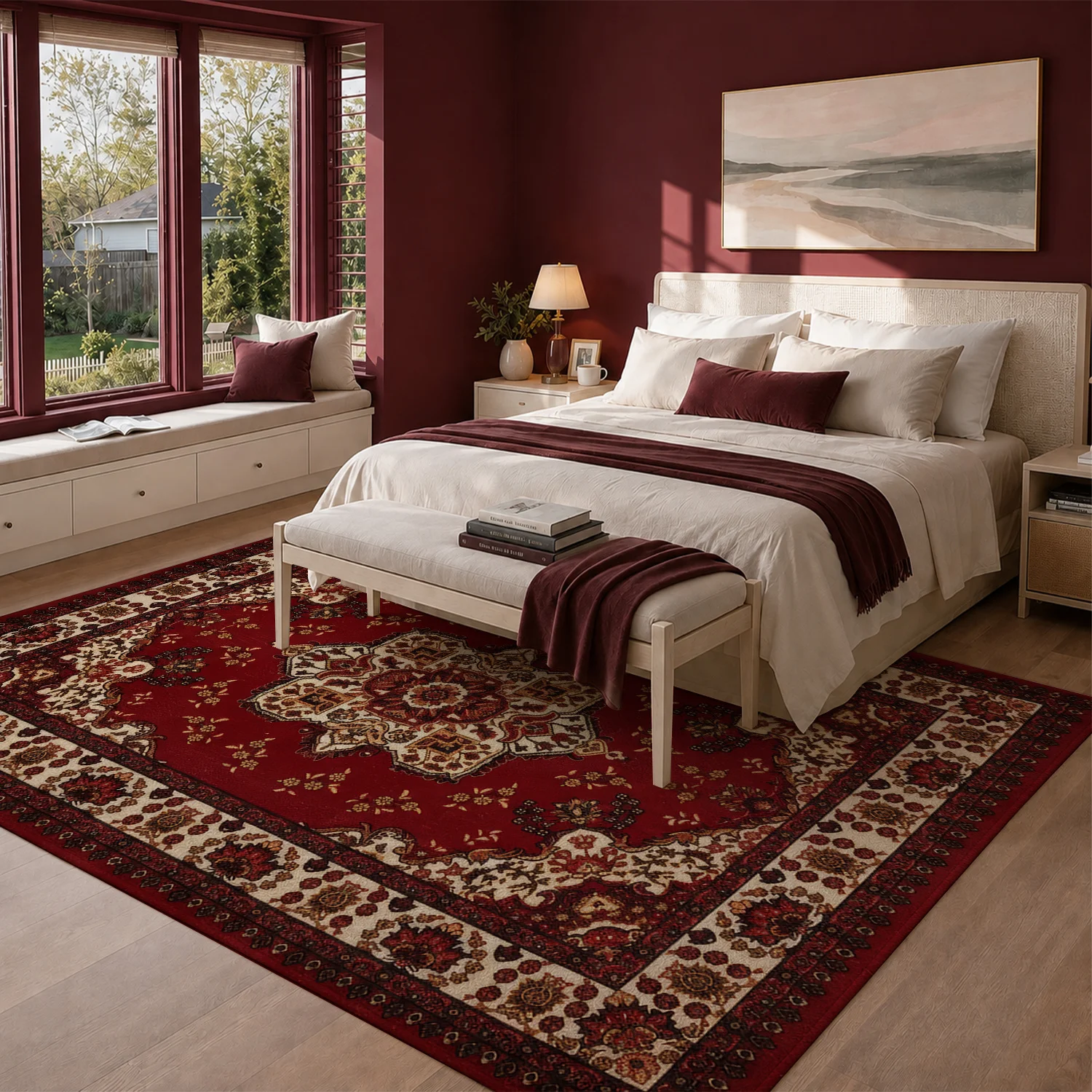 Large Indoor Area Rug, Soft Velvet Low Pile Rug with Non-slip Dotted Backing, Machine Washable Traditional Oriental Red Floral Pattern Rug for Living Room, Bedroom