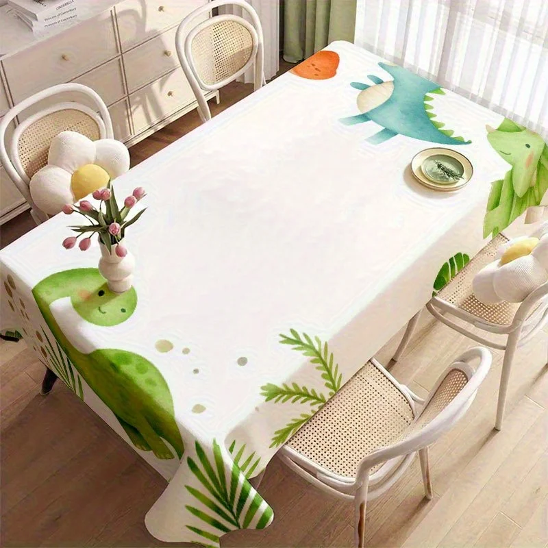 Cartoon Dino Tablecloth,Cute Dinosaur Green Fern Print Waterproof Rectangular Cover for Playroom Preschool Activity Table Decor