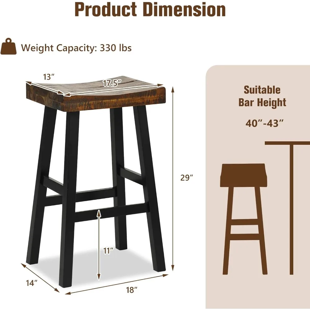 Set of 2, 29 Saddle Bar Stools, Backless Chairs with Rubber Wood Frame & Footrest