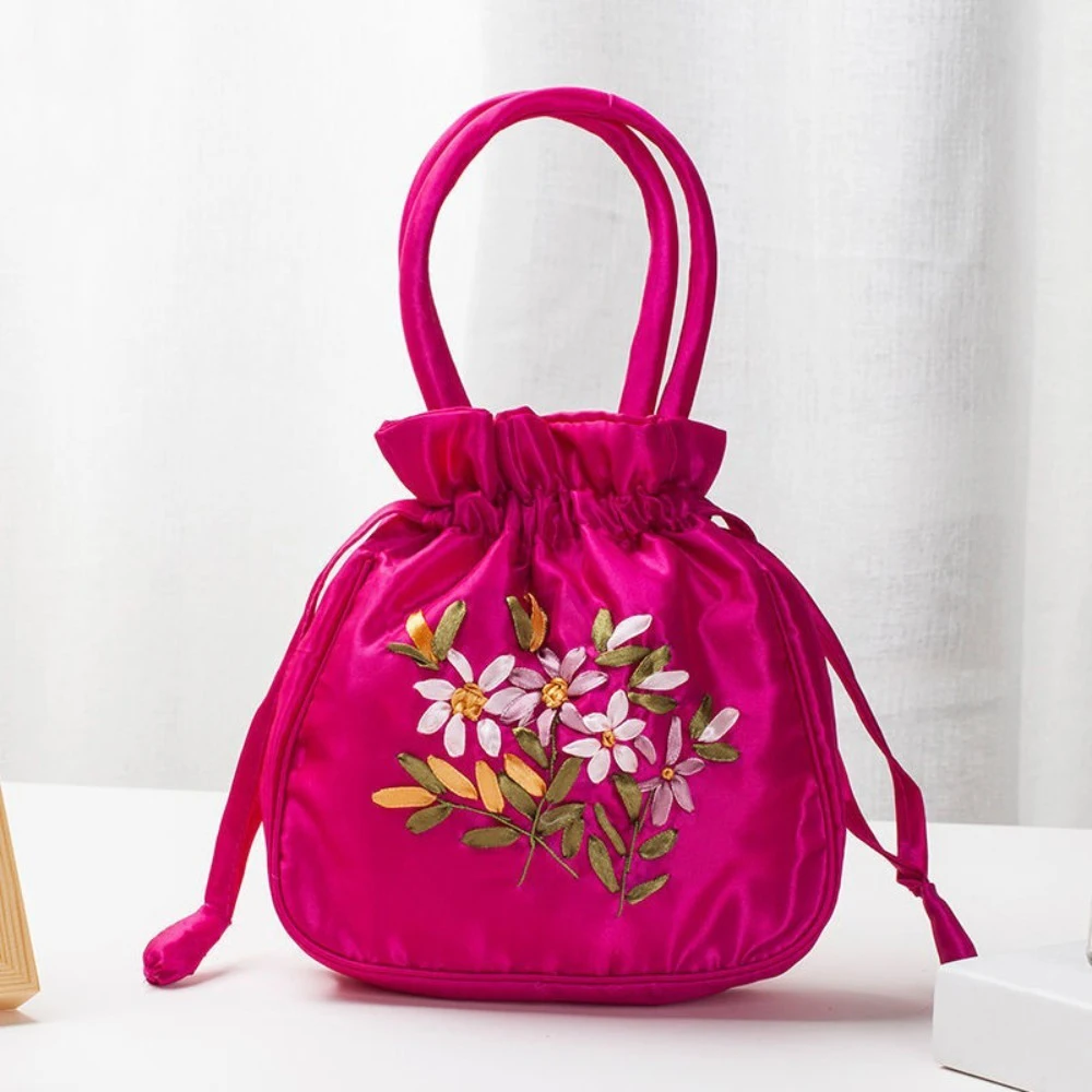 Small Women Bucket Bag Top Handle Ladies Handbag Phone Bag Summer Purse National Style Embroidered Flower Pattern Drawstring Bag