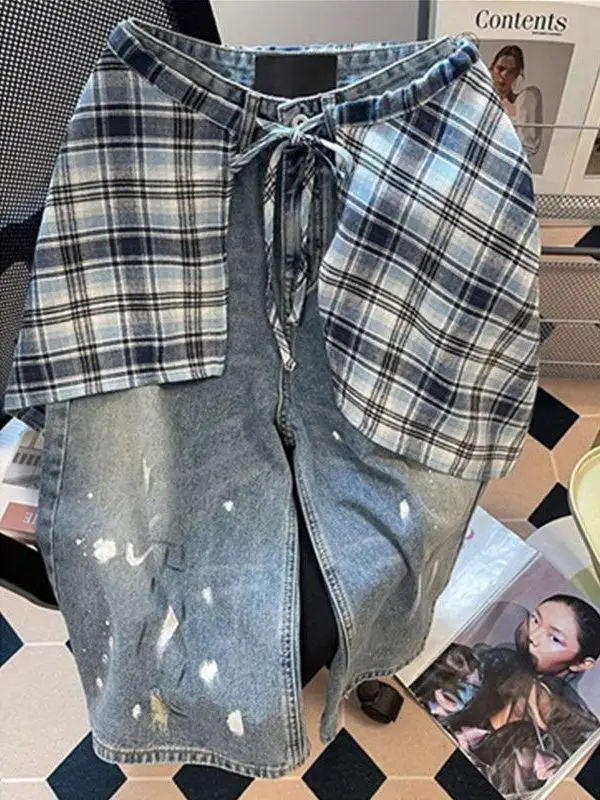 

Large Size Men's Patchwork unge Denim Pants Summer Loose Wide Leg Seven-Foot Jeans Youthful Sle Wear Resistant Straight Cut