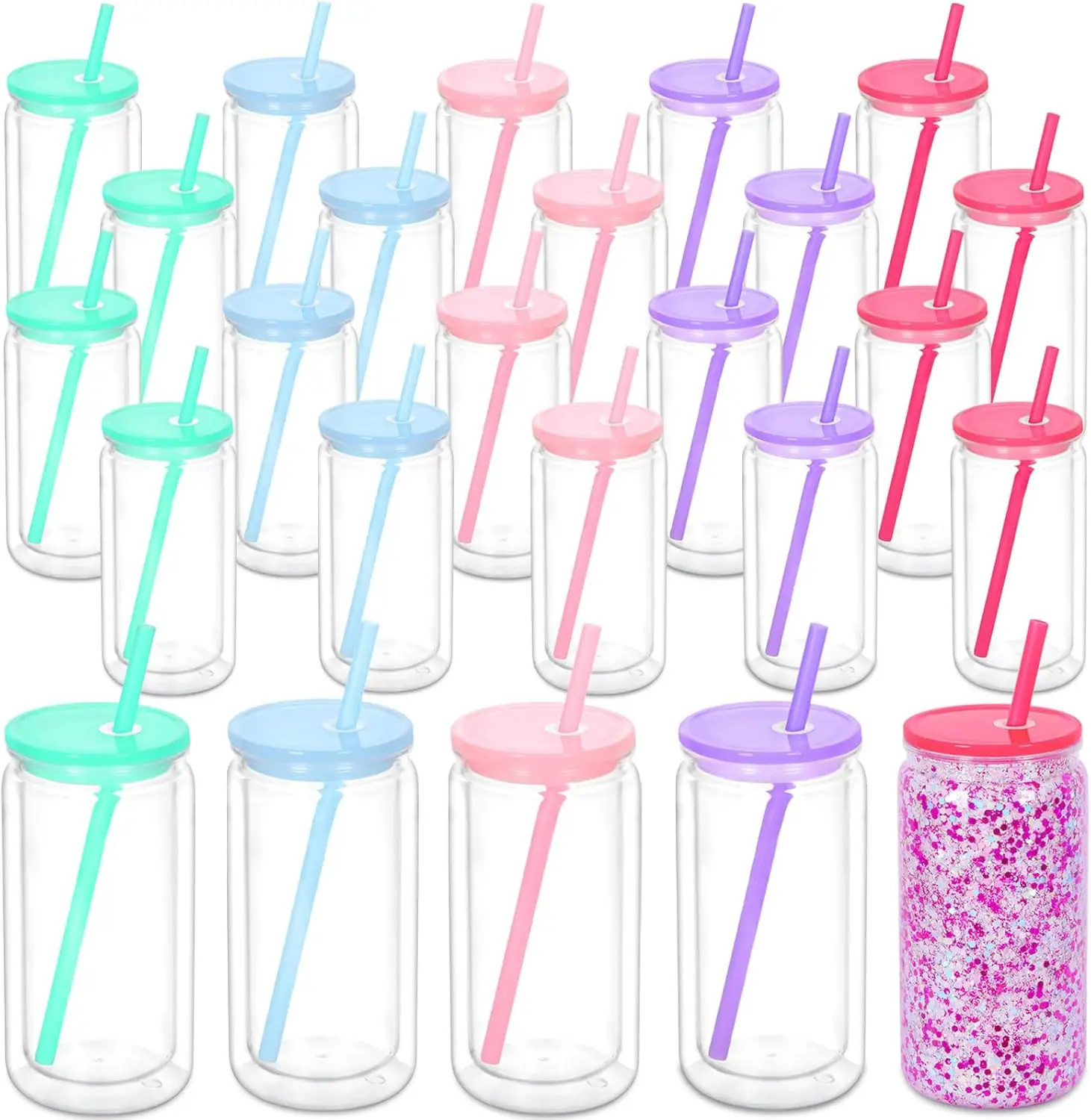 

16 Oz Acrylic Snowglobe Tumbler, 25 Pack Pre-Drilled Double Wall Plastic Clear Cup for Glitter Snow Globe Diy, Double Wall Plast