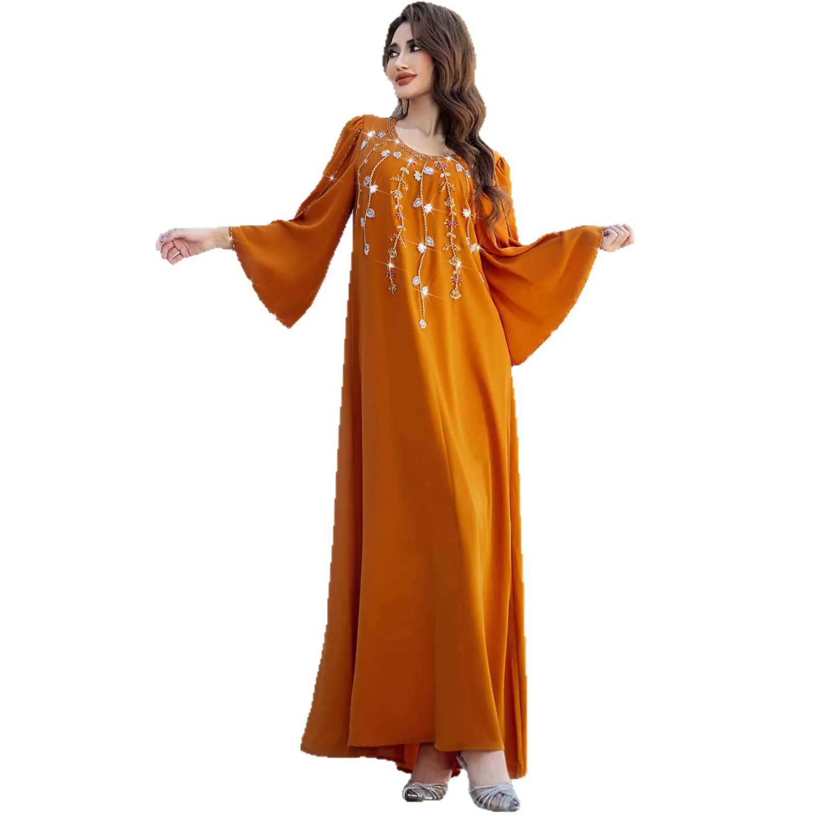 

Muslim Abaya Crystal Embellished Flare Sleeve Long Dress Dubai Style Loose Islamic Kaftan Evening Party Outfit Turkey Party Gown