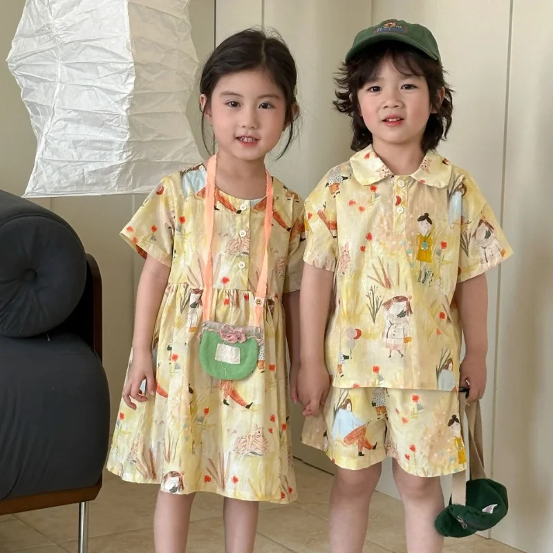 

Summer clothes brothers and sisters outfit Boys lapel short sleeve Tee shorts 2Pcs Girls O-Neck short sleeve dress Kids clothes