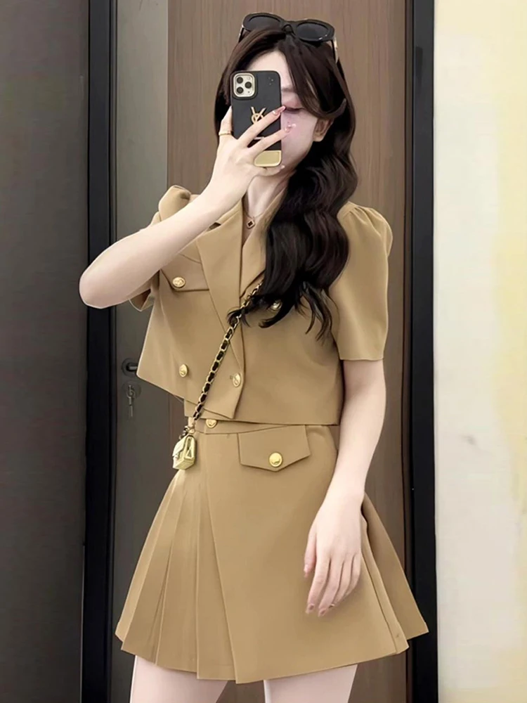 Korean Fashion 2 Piece Outfit Women Short Cropped Tops Coat Blazer Suit Jacket High Waist Mini Skirt Sets Work Style Clothing