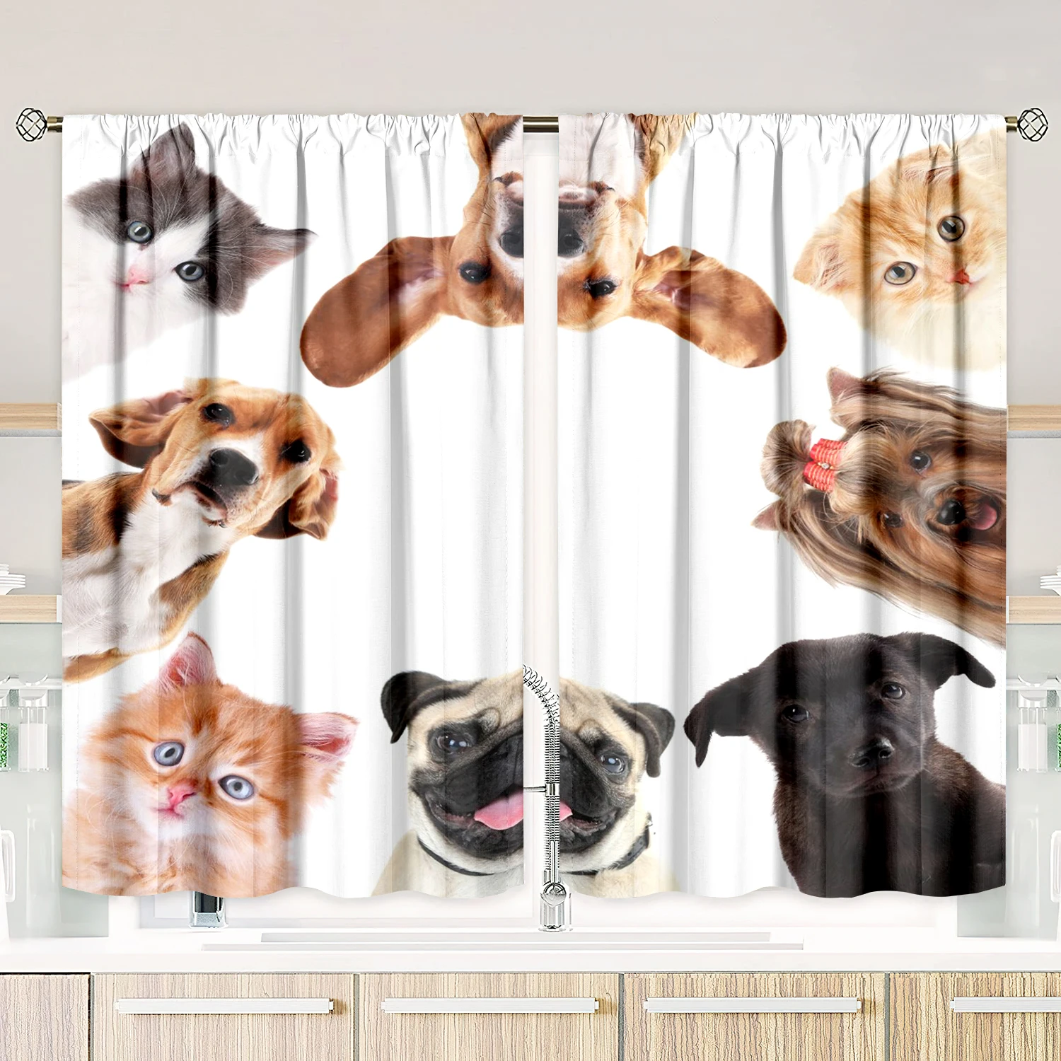 2 pieces - Cat and dog - printed curtain - polyester material - for bedroom living room study anti-privacy curtain