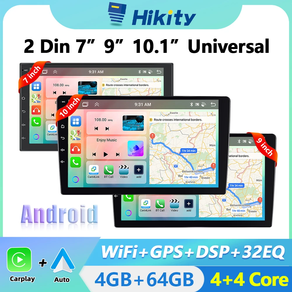 Hikity 7''/9''/10.1'' Android Car Radio Carplay 4+64G Universal Multimedia Player Android Auto WIFI GPS DSP Car Stereo