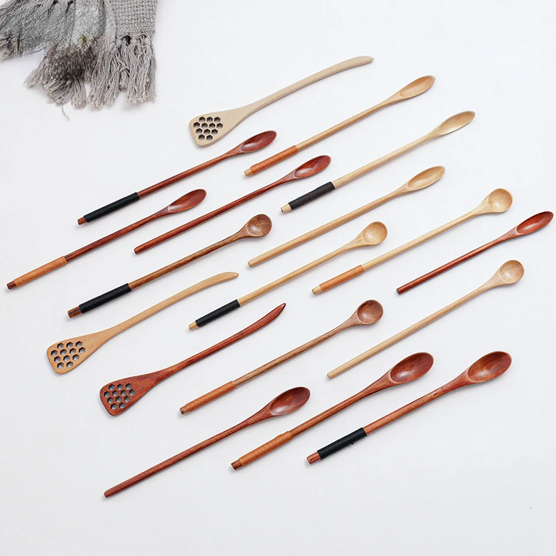 Wooden Spoon Long Handle Soup Dessert Spoon Small Wood Coffee Teaspoon Ice Cream Spoon Kitchen Wooden Scoop for Honey