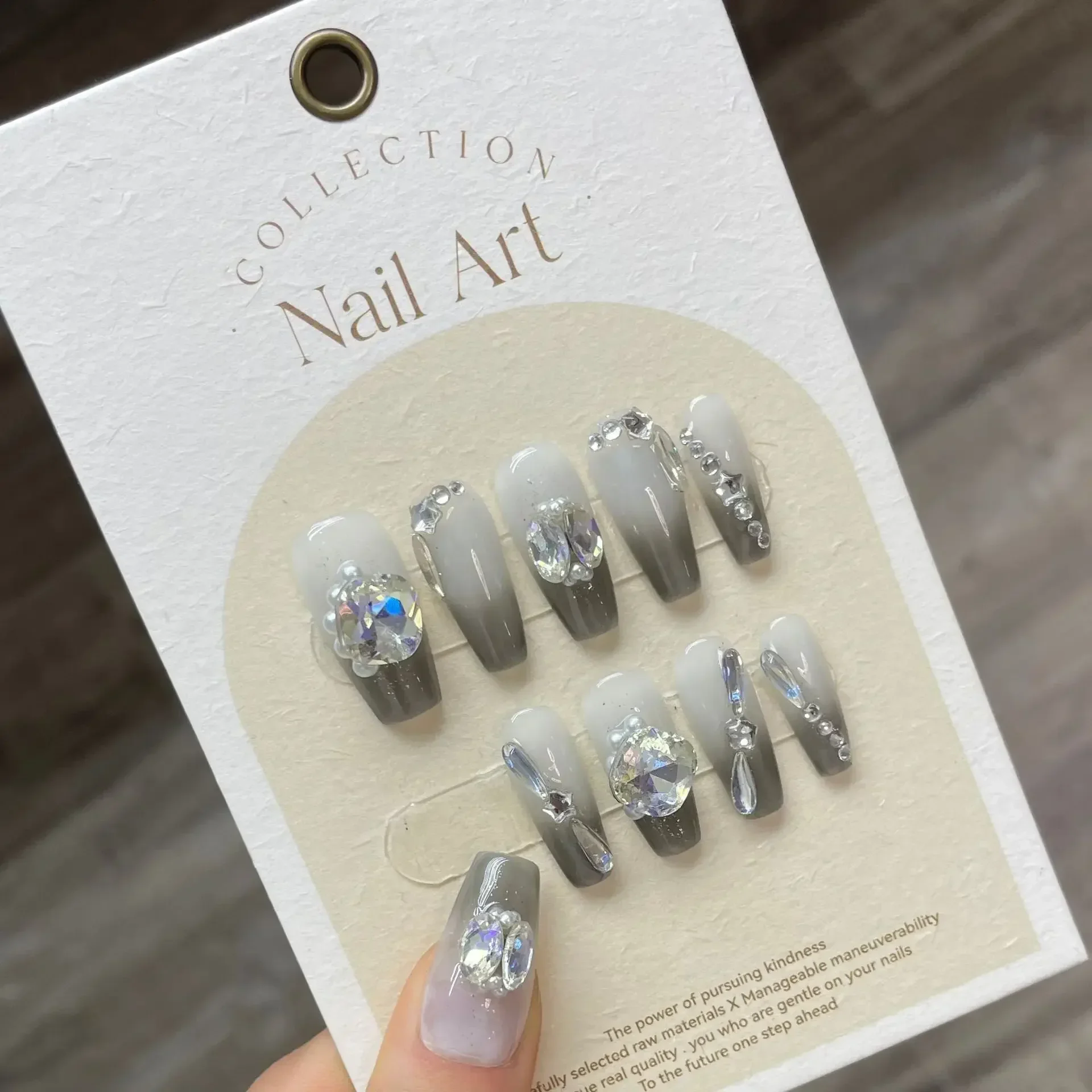 10Pcs White Handmade Aurora Press On Nails Glitter Ballerina with Rhinestones Wearable False Nails Full Cover Fake Nails Tips