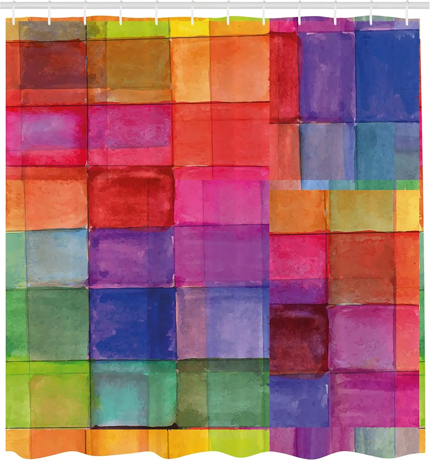 

Abstract Shower Curtain, Rainbow Colored Geometric Square Shaped with Blurry Hazy Effects Watercolor Design, Cloth Fab