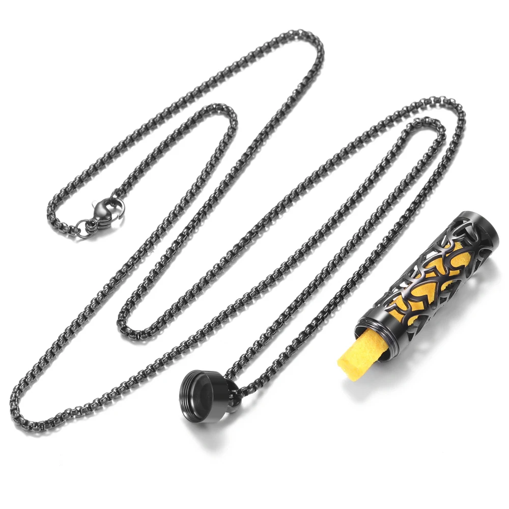 Black Cylindrical Stainless Steel Aromatherapy Necklace Spiral Open Women Essential Oil Perfume Diffuser Lockets Pendant Jewelry