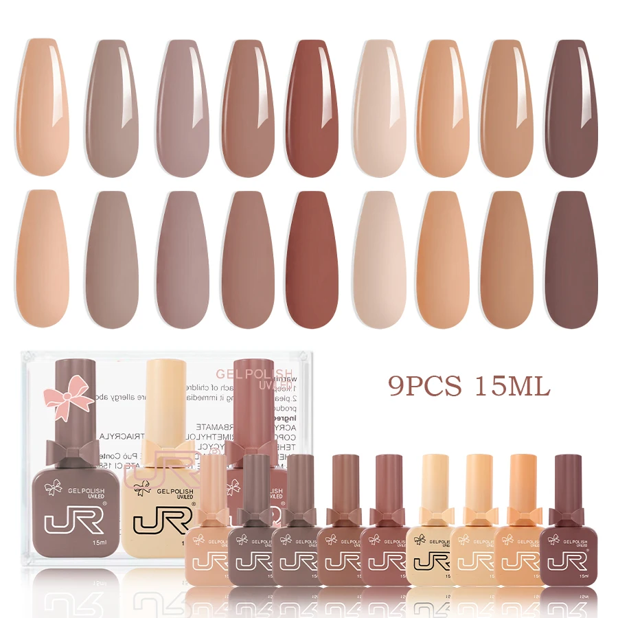 JR 9pcs 15ml gel nagellak set Inclusief Rood Roze Naakt Gel Polish Kit UV LED Losweken Polish Thuis DIY toplaag basislaag geschenken