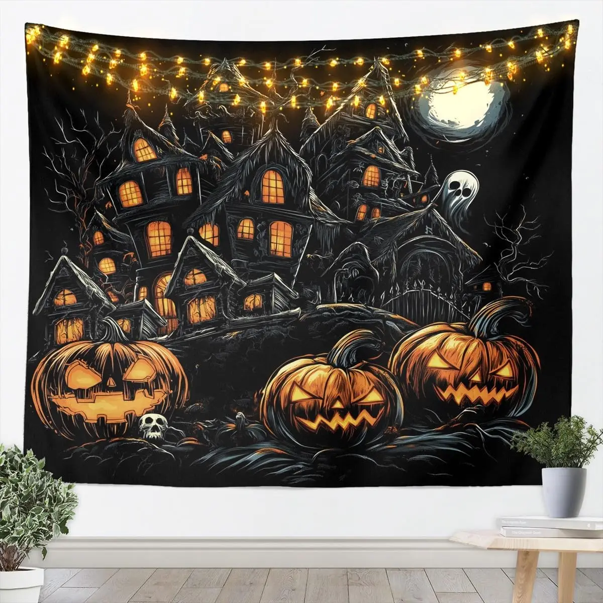 Gothic Tapestry for Bedroom,Horror Pumpkin Lantern Wall Tapestry Spooky Dark Shadows Castle Tapestries Vintage SkeletonHalloween