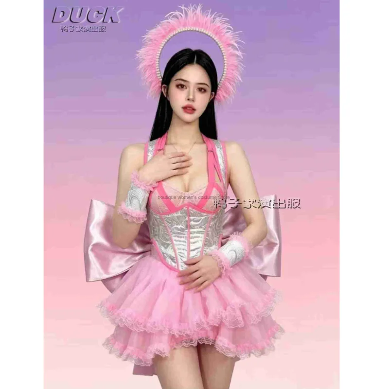 Pink Fishbone Puffy Tulle Skirt Performance Costume Valentine's Day Stage Outfit Women's Nightclub DS Bowknot Gogo Cosplay