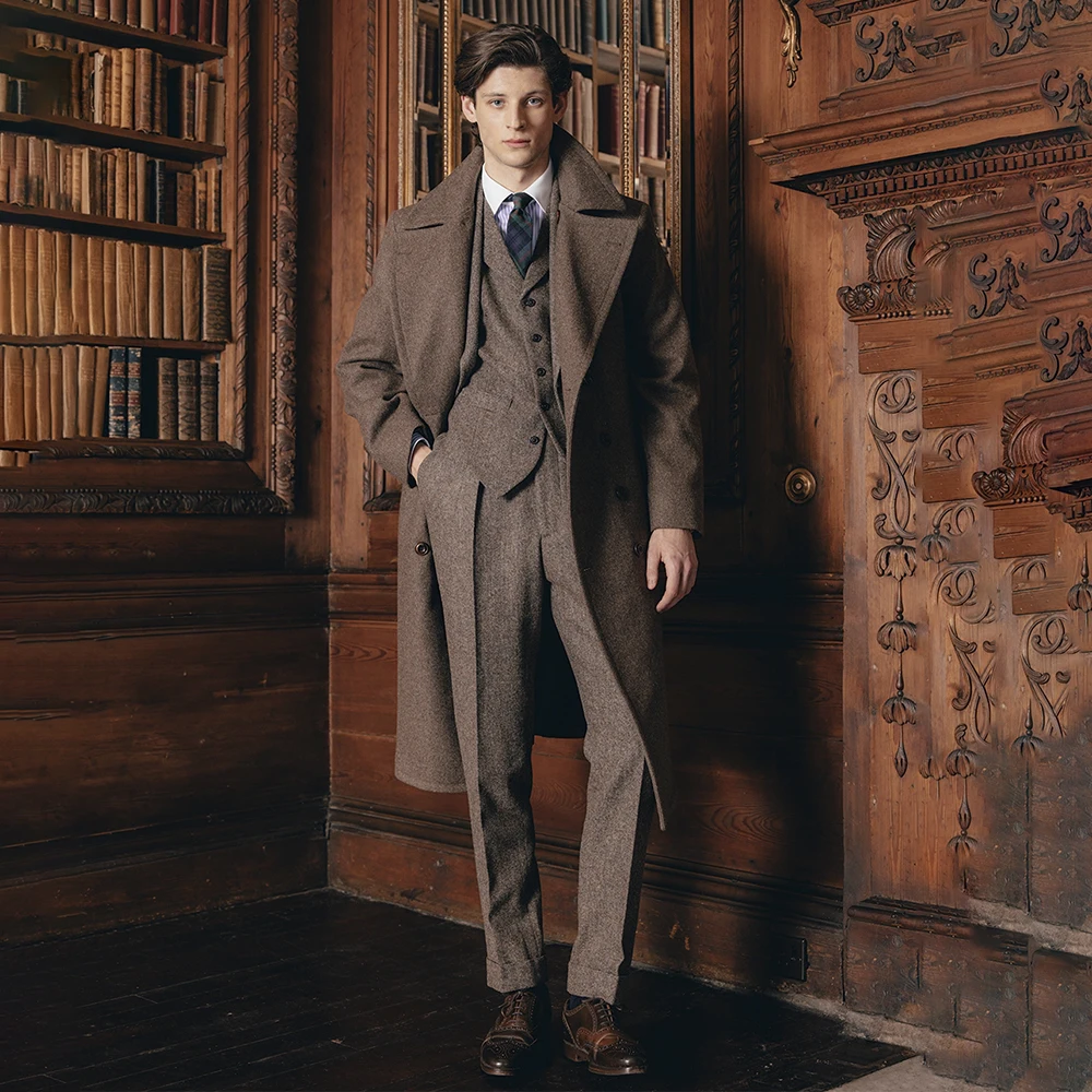 

Winter Brown Men's Suits 3 Piece Jacket Pants Vest Luxury Single Breasted Stand Lapel Long Blazer Custozmeid Male Clothing Terno