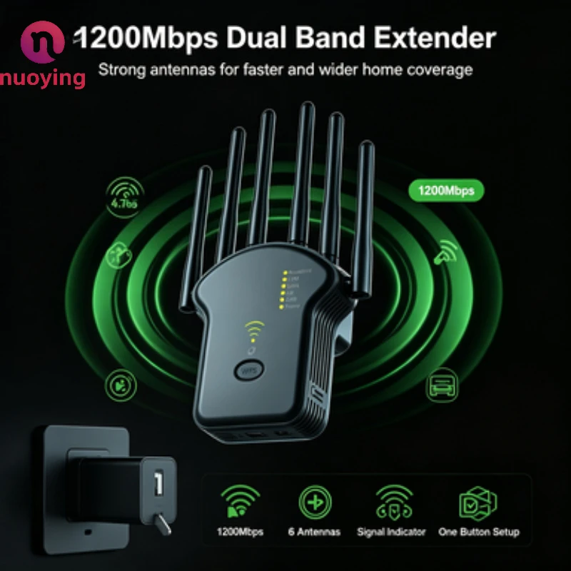 6 anten o wysokim zysku, wzmacniacz sygnału WiFi, 1200 Mb/s, 2,4 GHz, 5 GHz, dwuzakresowy, bezprzewodowy repeater, rozszerzacz zasięgu sieci domowej, wzmacnia zasięg WiFi.