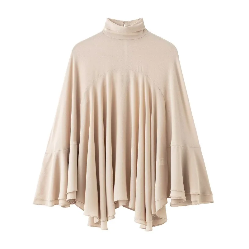 Beige Batwing Mock Neck Blouse Bell Flare Sleeve Keyhole Back Pleated Flowy Irregular Hem Loose Women Casual Top 260901