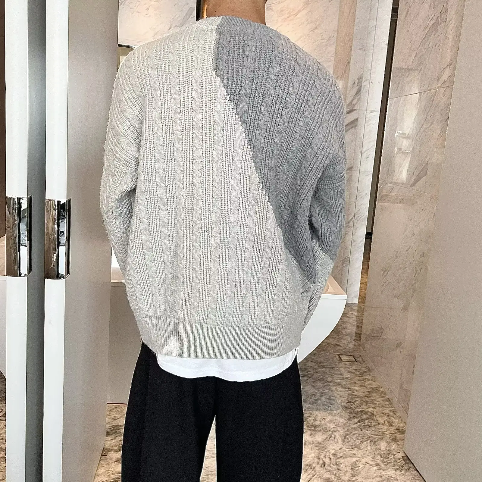 Men\'s Sweater Color Contrast Round Neck Half High Collar Screw Thread Fashion Solid Slim Casual Knitted Long Sleeve Tops