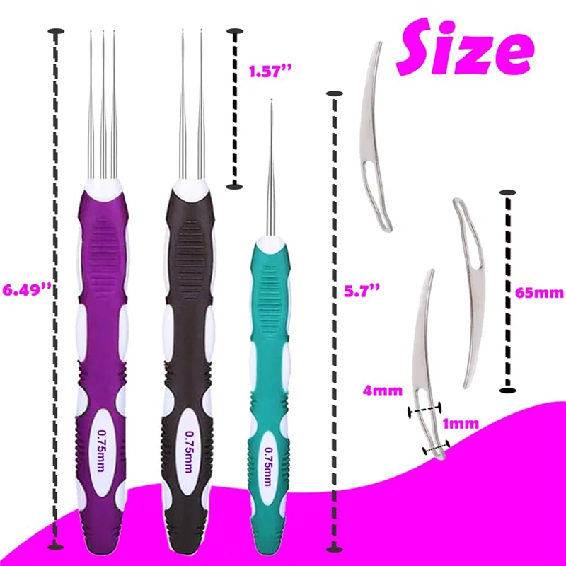 인체공학적 손잡이가 있는 드레드락 크로셰 바늘 도구, 3개 머리 끈 공예 0.75Mm