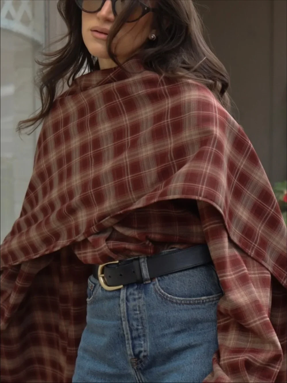 Moda cachecol gola xadrez jaqueta feminina casual manga cheia solta curto xale manto casacos 2026 senhora diariamente high street outerwear
