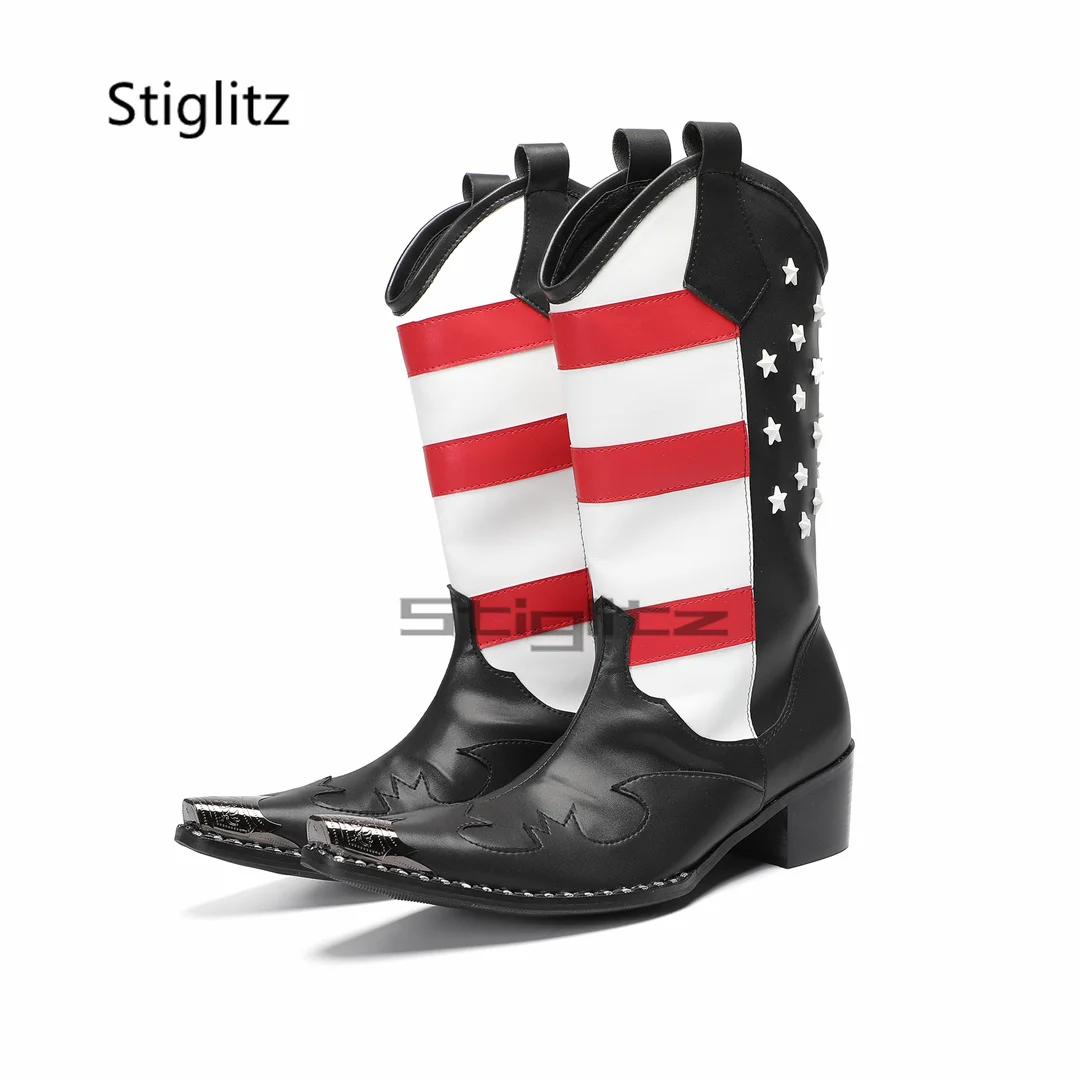 

Men's Red White Striped Riding Boots Embroidery Totem High Heels Knight Boots Genuine Leather Patckwork Metal Toe Mid-Calf Boots