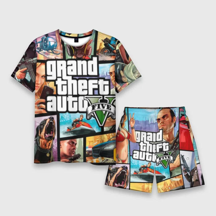 Ensemble T-Shirt et Short à Manches Courtes pour Homme, Survêtement Imprimé en 3D, Grand Theft Auto V, GTA, 2 Pièces, Été