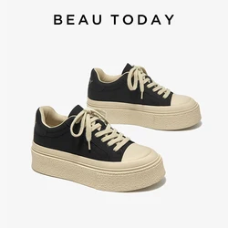 BEAUTODAY Casual Sneakers Women Cow Leather Black Thick Sole Lace Up Trainer Quality Handmade Female Low Top Flat Shoes 29730