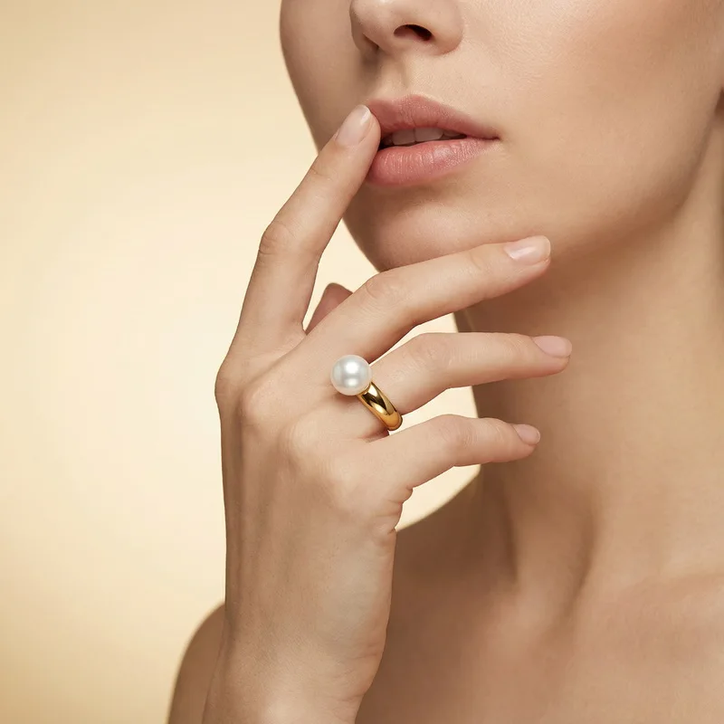 Kalen Fashion Anillos White Simulated-Pearl Rings For Women Gold Color Stainless Steel Wedding Bands Finger Party Jewelry