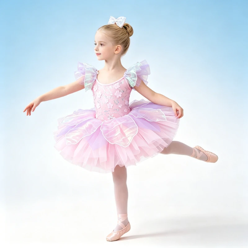 

New Romantic Gradient Ballet Tutu Dress, 3D Flower Petal Iridescent Sleeves Sequins Dance Performance Costume with Hair Bow