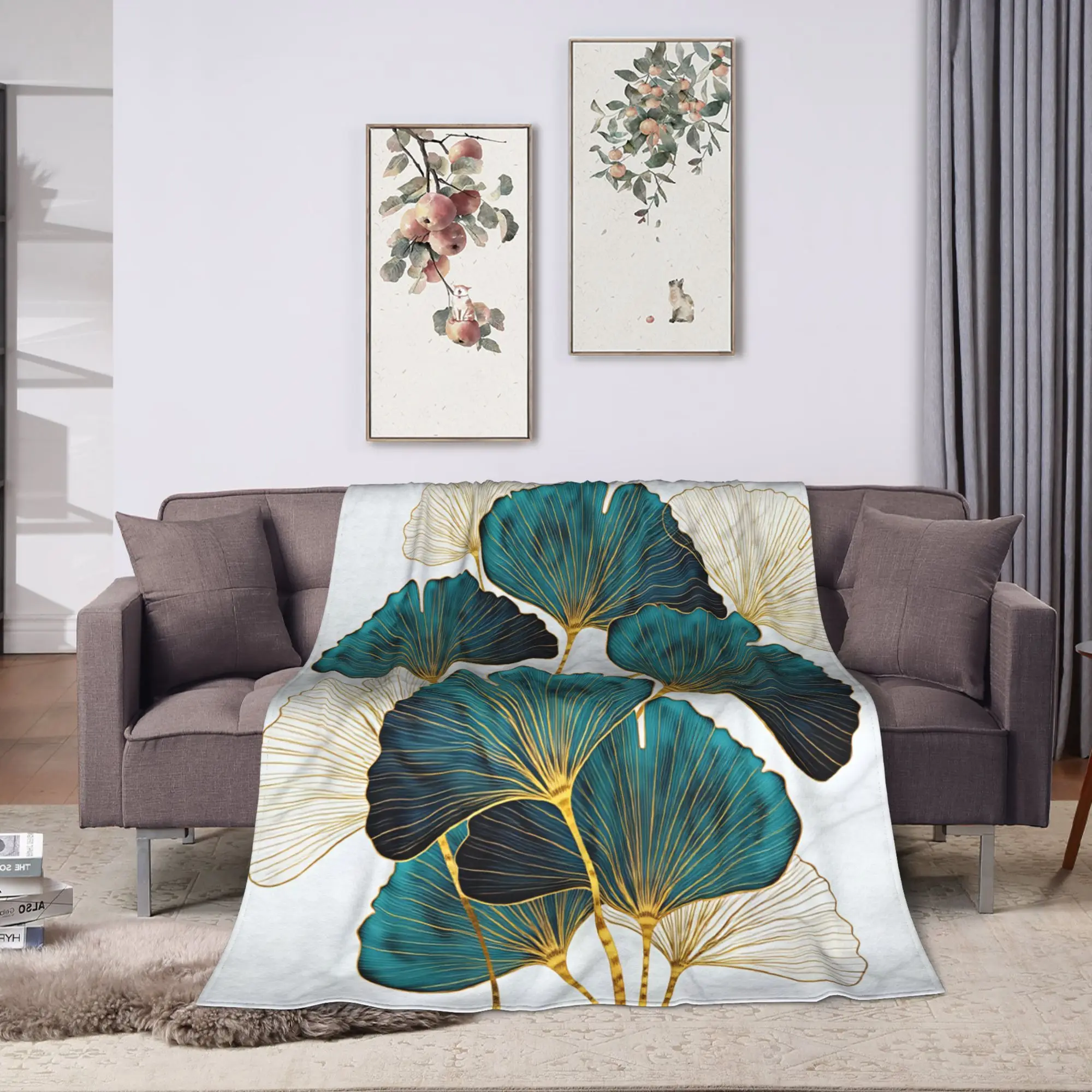 Ginkgo Leaves Blanket Winter  Warm Throw Blanket For Kids Adults Living Room Flannel Bedspread Bed Cover