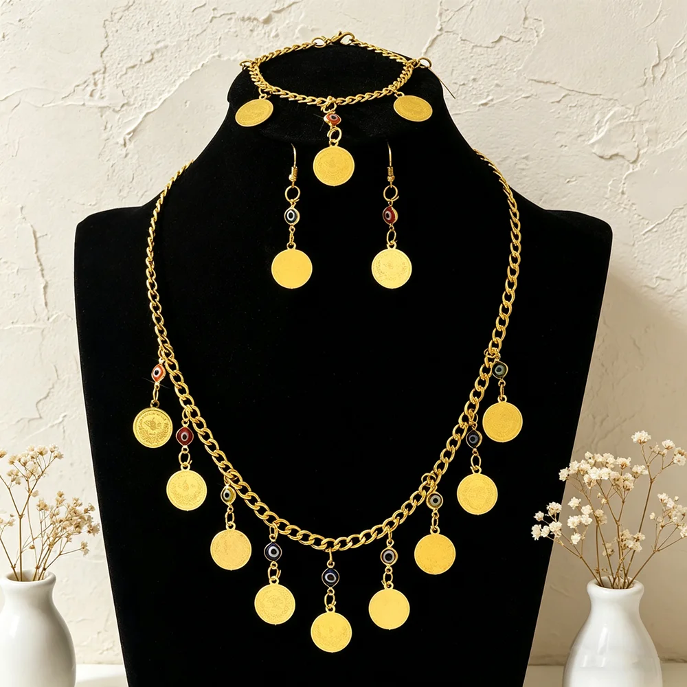 

Arabic Bridal Golden Coin Evil Eye Jewelry Set 3Pcs Necklace Earrings Bracelet Traditional Wedding Party Accessory For Women