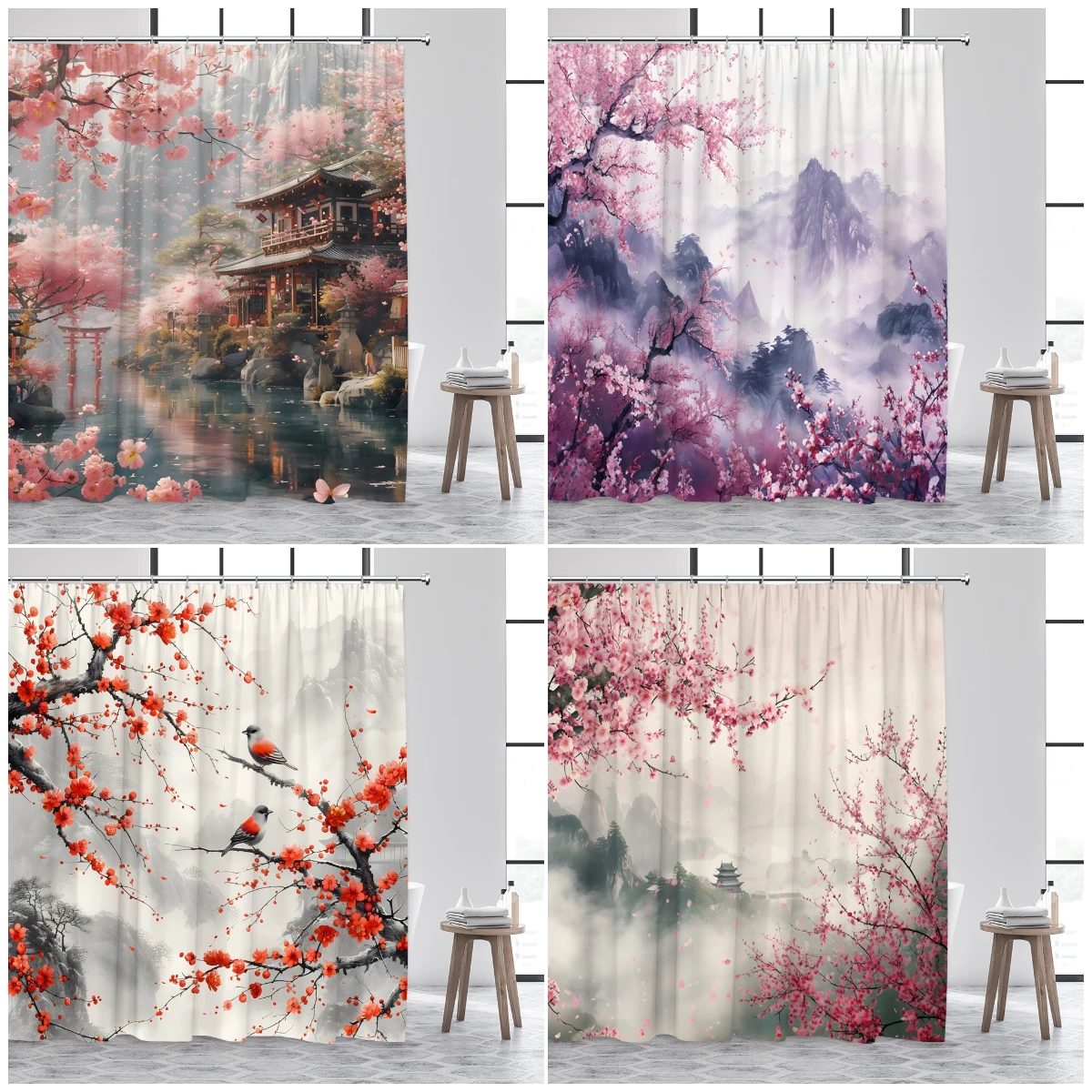 Japanese Landscape Shower Curtains Abstract Mountain Pink Cherry Blossom Floral Bird Pavilion Asian Art Bathroom Curtain Decor