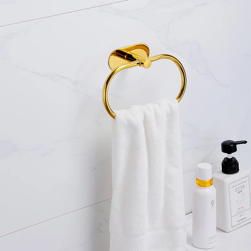 YCRAYS No Drilling Bright Gold Bathroom Accessories Sets Toilet Tissue Roll Paper Holder Towel Rack Bar Ring Robe Hook Hardware