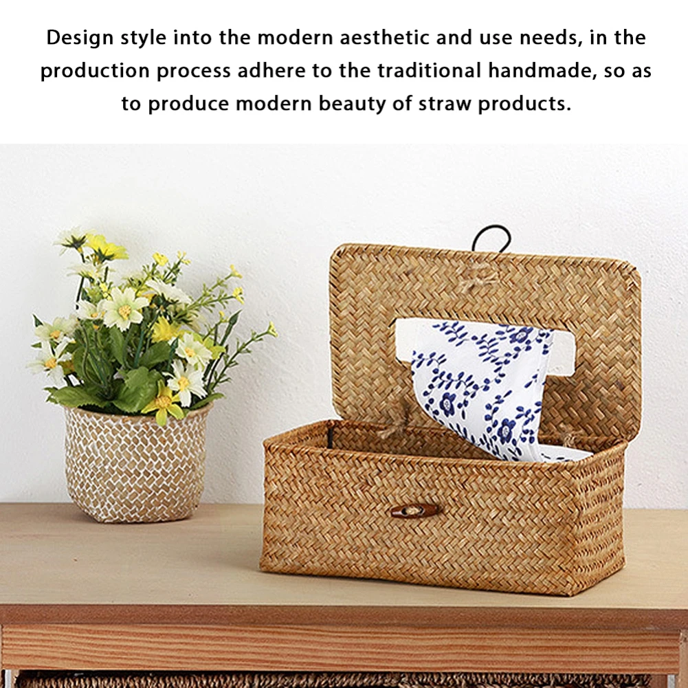 Straw Tissue Box Handmade Woven Rattan Napkin Holder Box Roll Paper Tray Car Living Room Storage Box Home Decoration