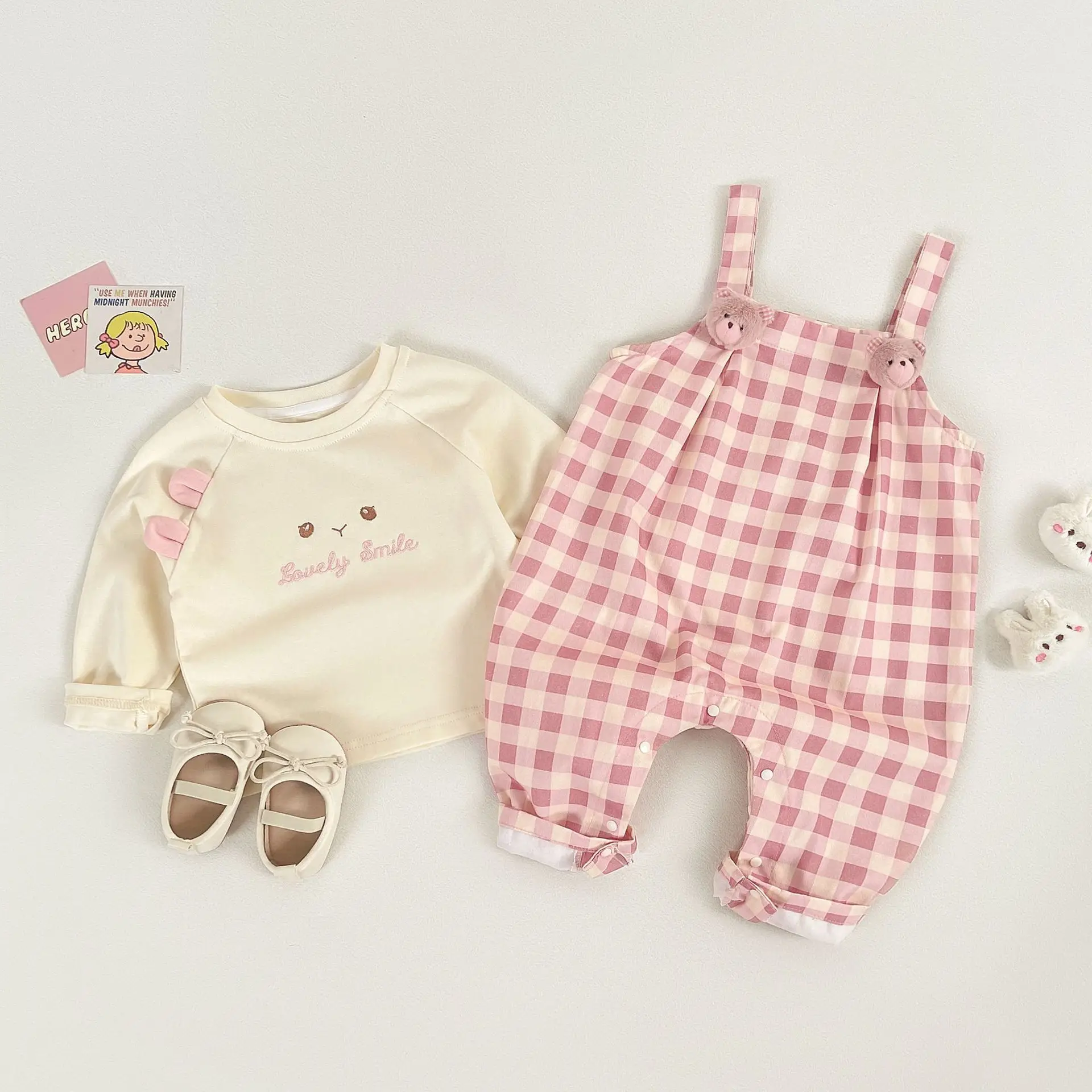 

Cute baby girl overalls, checkered bear jumpsuits, spring outfits for newborns