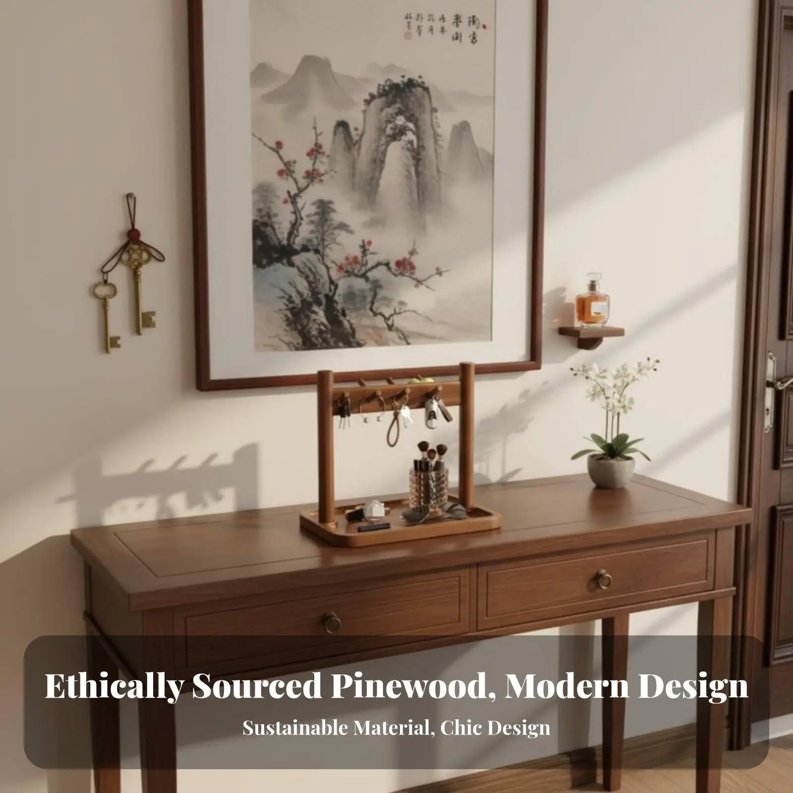 Jewelry and Key Stand Polished Wood Grain Finish for Bedroom