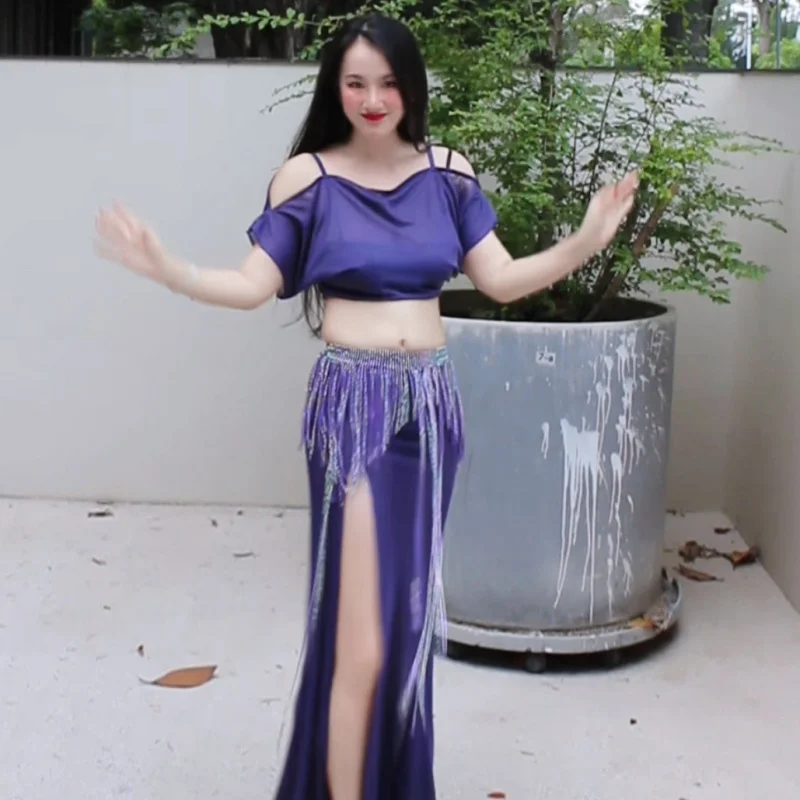 2025 traje de dança do ventre solto manga curta topo + sexy cauda de peixe saia longa conjunto para trajes de desempenho de dança oriental feminina